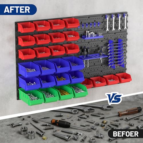 Image of WORKPRO Pegboard Organizer Wall Mounted, 44PC Tool Storage Rack with Bins and Hooks, Peg Board Wall Organizer for Garage Organization, Workshop, Craft Room, Tool Wall Storage System