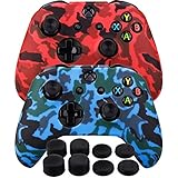 MXRC Silicone Rubber Cover Skin case Anti-Slip Water Transfer Customize Camouflage for Xbox One/S/X Controller x 2(red & Blue) + FPS PRO Extra Height Thumb Grips x 8
