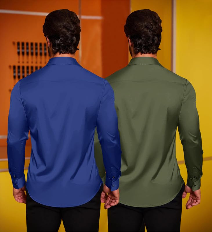 Image of Combo of Men's Premium Satin Cotton Shirt with Full Sleeves & Spread Collar | Smooth Finish | Slim Fit | Stylish Button Down Shirt for Evening, Casual Pack of 2