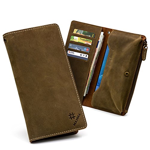 Manna Cartera SmartWallet de Piel 'James' | Cartera Multifuncional para Smartphones de hasta 6 Ideal para iPhone 8, iPhone 8 Plus, Samsung Galaxy S8 | Selecta Piel de Nobuk, Marrón