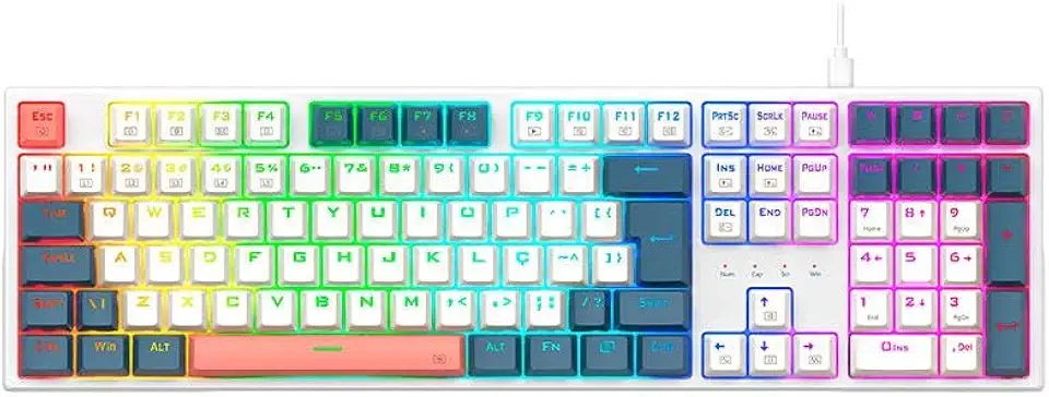 TECLADO MECANICO GAMER REDRAGON TRUNDLE RGB BRANCO, AZUL E ROSA SWITCH MARROM