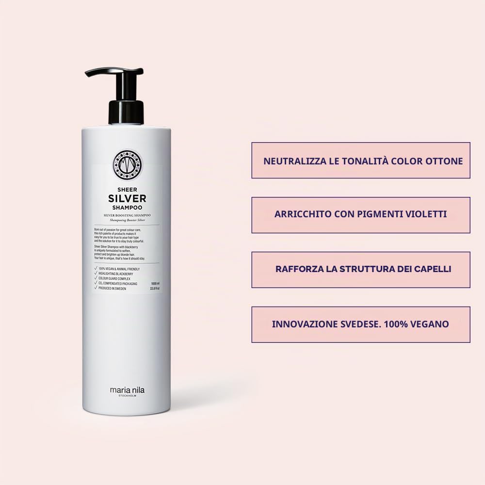 Maria Nila Sheer Silver, Shampoo 1000 ml, neutralizza le tonalità dorate, i pigmenti viola donano un tono freddo, prodotto 100% vegano e senza solfati/parabeni