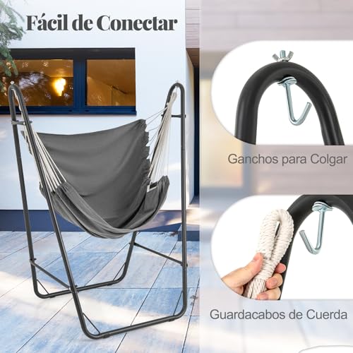 Silla hamaca con soporte sin instalación, columpio colgante estable de 120 kg con bolsillo 4