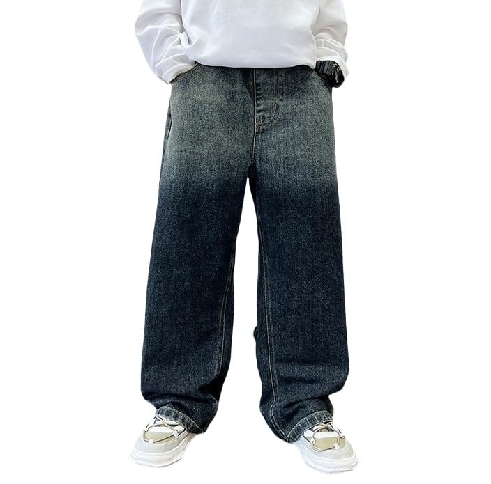 Boys Baggy Jeans Elastic High Waist Straight Leg Washed Denim Pants Summer Loose Elastic Waist Trousers with Pockets - Main Image