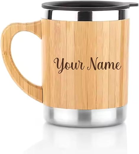 Giftana Personalized Coffee Mug with Lid, Customized Bamboo Mug with Handle, Tea Cup 350ml for Home, Office, Birthday Gift...