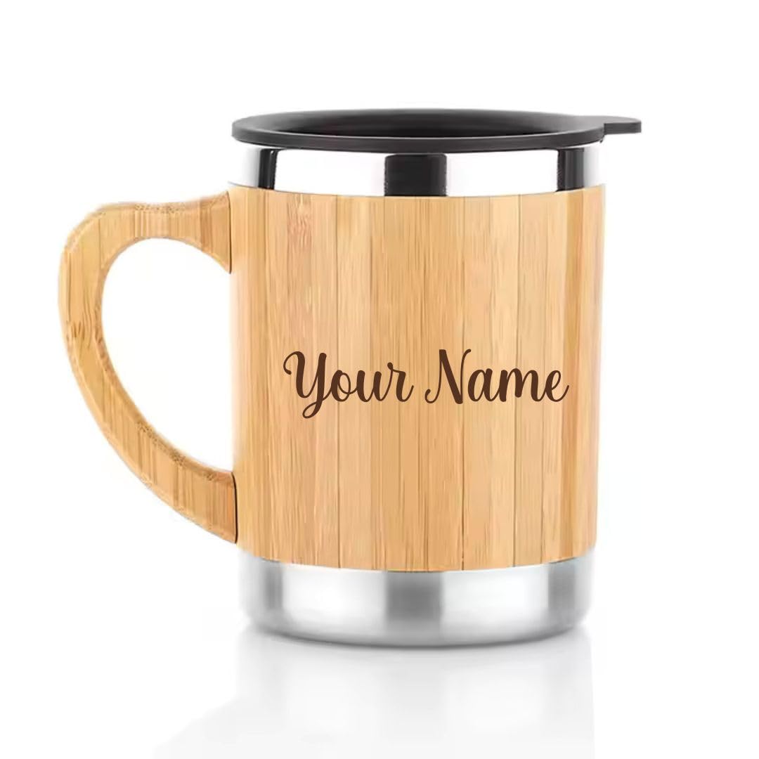 Giftana Personalized Coffee Mug with Lid, Customized Bamboo Mug with Handle, Tea Cup 350ml for Home, Office, Birthday Gift...