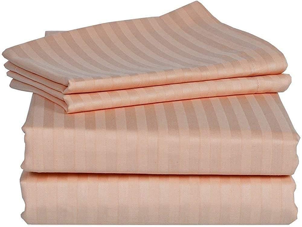 100% Heavy Weight Egyptian Cotton, Hotel Quality 700 TC 4 Pieces Sheet Set Stripe Pattern Premimum Quality with 5-Inch Deep Pocket Color Peach Blue Size Queen