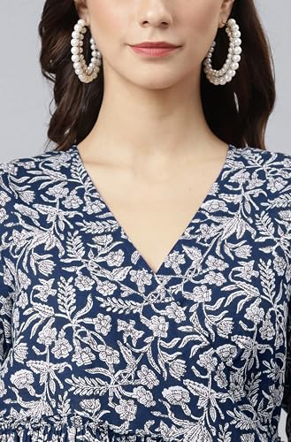 Image of Janasya Women's Cotton Floral Print Angrakha Dress