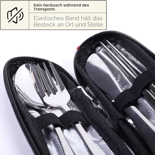 Quatish Camping Besteck, 5 Stück Edelstahl Reisebesteck mit Etui, Besteckset to Go, Campingbesteck für Unterwegs, Outdoor, Reise, Arbeit, Schule, Reise Gadgets, Silber 4