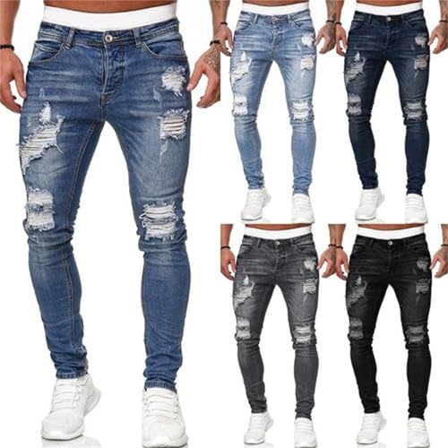 Men's Slim Fit Jeans Stretch Destroyed Ripped Skinny Jeans, Fashionable Destroyed Ripped Skinny Side Striped Denim Pants3