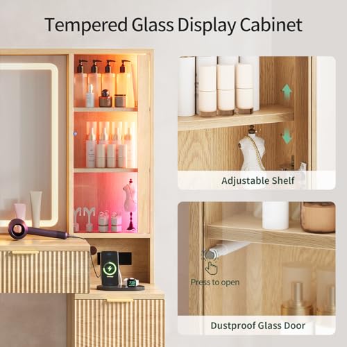 Image of Big Vanity, Fluted Wood Makeup Vanity with Mirror Lights, Oak Vanity Desk