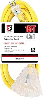 EP 15 Ft 12/3 Lighted Outdoor Extension Cord with 3 Electrical Power Outlets -12 Gauge 3 Prong SJTW Heavy Duty Yellow Extension Cable with 3 Prong Grounded Plug for Safety,UL Listed
