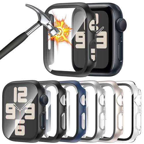 [6 Pack] Case for Apple Watch 44mm SE 3/SE 2nd Gen Series 6 5 4 SE Screen Protector, HAANILKYI Ultra-Thin Tempered Glass, Full Coverage Scratch-Resistant Hard Face Cover for iWatch 44 mm