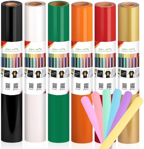 VINYL FROG Heat Transfer Vinyl Bundle HTV Vinyl Roll 6 Rolls 12'' x 3ft Iron on Vinyl for T-Shirts, Logo, Hat, Fabric (Black, White, Gold, Red, Green, Orange)