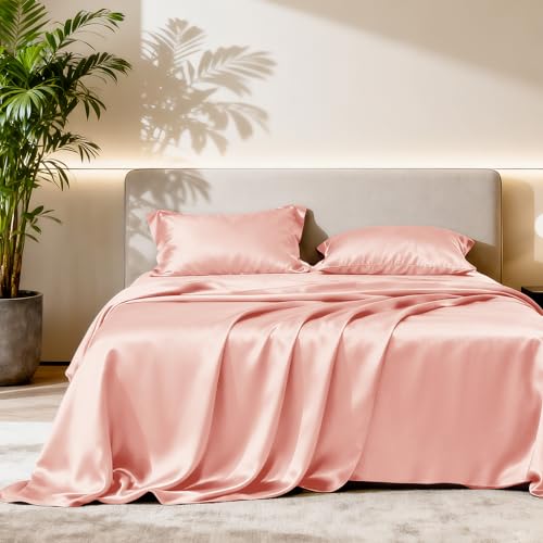 Image of Love's cabin Full Size Satin Sheet Sets - 4 Piece Coral Silky Satin Sheet Set Full with Deep Pocket, Luxury Silk Feel Satin Bed Sheets Full Bedding Set (1 Flat Sheet,1 Fitted Sheet,2 Pillow Cases)