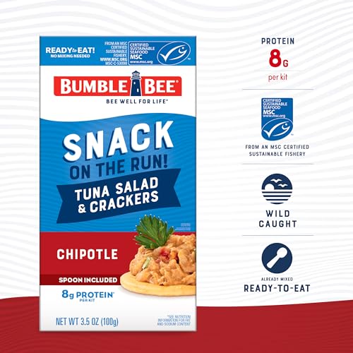 Image of Bumble Bee Snack On The Run! Chipotle Tuna Salad Kit | Ready to Eat Easy-Open Canned Tuna Salad with Crackers Snack Pack, 8g Protein per Box, Wild Caught MSC Certified Tuna