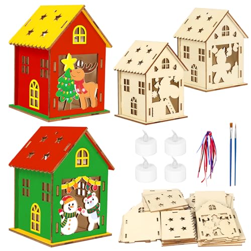 APODESS 4SET LED Teelichthaus Weihnachten Bastelset Kinder Holz...