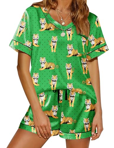 Image of Ekouaer Silk Pajama for Women Short Sleeve Satin Pj Set Two Piece Soft Sleepwear Loungewear S-XXL