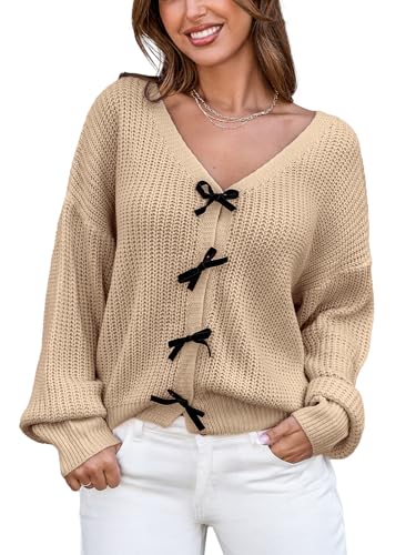 Image of CUPSHE Womens Sweaters Bow Sweater Neck Casual Long Sleeve Lightweight Crochet Pullover Sweater Tops