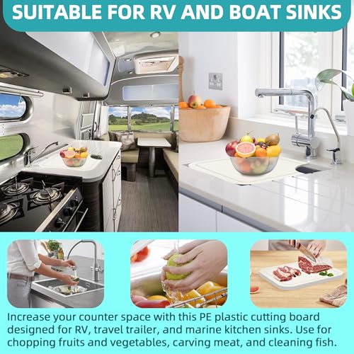 Image of TonGass RV Sink Cutting Board for Most RV Boat Kitch Sink | 14 1 /2 inchx12 1 /2 inchx1 /2 inch, Plastic Chopping Board with Adjustable Rubber Feet, Built-In Juice Groove and Corner Cut for Scrap