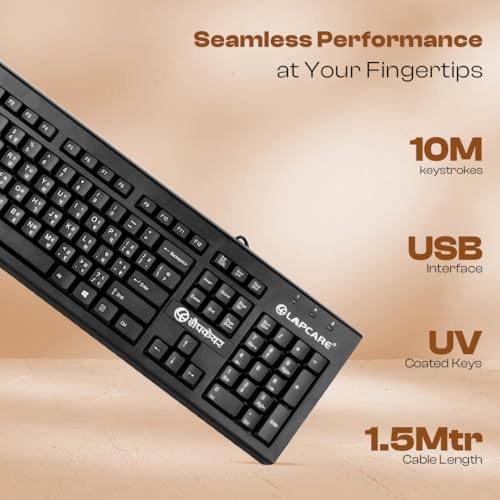 Image of LAPCARE LMK-012 Multilingual USB Keyboard - Hindi English Typing, 104 Silent Keys, 10 Million Keystrokes, 1.5M Cable, Rupee Key, Membrane Switch - for Business & Office Use