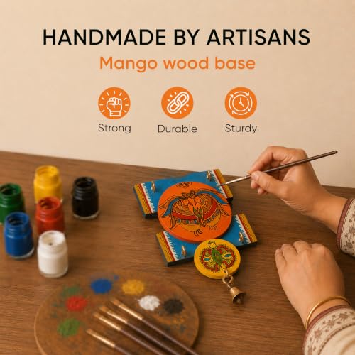 Image of AAKRITI ART CREATIONS Key Holder, Handcrafted Madhubani Key Hanger | Rustic Wood Wall Organizer with 4 Hooks | New Home Gifts | Multifunctional Entryway Decor Item