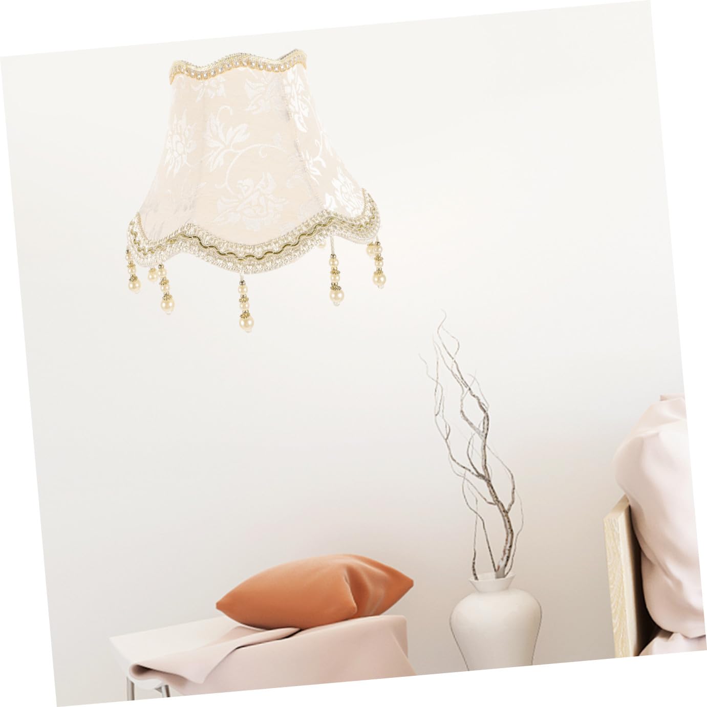 Beavorty Dekorativer Stoff Lampenschirm mit Perlen Quasten 25cm Durchmesser für Tischlampe Leichter Ersatzschirm in Beige
