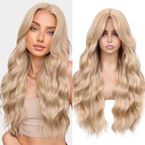 WIGNEE Perruque Synthétique Longue Ondulée 66 cm Perruque Blond Miel – Vagues Fluffynesque avec Frange Rideau, Parfaite pour un Usage Quotidien, les Fêtes...