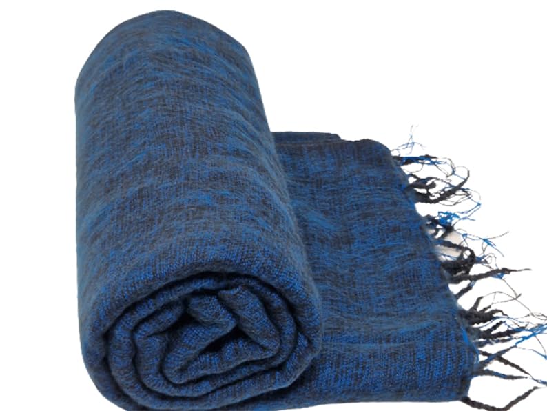 Châles en laine de yak bleu noir grand plaid d'hiver fait main 90x47