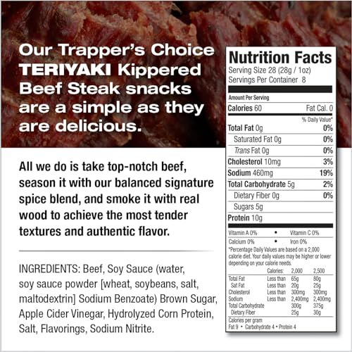 Image of Old Trapper, Trapper's Choice Teriyaki Kippered Beef Steak, Eight-Ounce Individual Package, Savory Sweet Meat Snacks, 10 Grams of Protein and 60 Calories Per Serving (Pack of One)