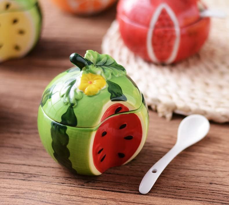 Miniatura 4 de Ceramics - Tarro de almacenamiento con tapa y cuchara, con forma de fruta, para azúcar, sal y pimienta, para condimentos (sandía)