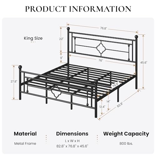 Image of SHA CERLIN 14 Inches King Size Metal Platform Bed Frame /Vintage Iron-Art Headboard and Footboard /Mattress Foundation for Storage /No Box Spring Needed /Noise-Free /Easy Assembly /Black