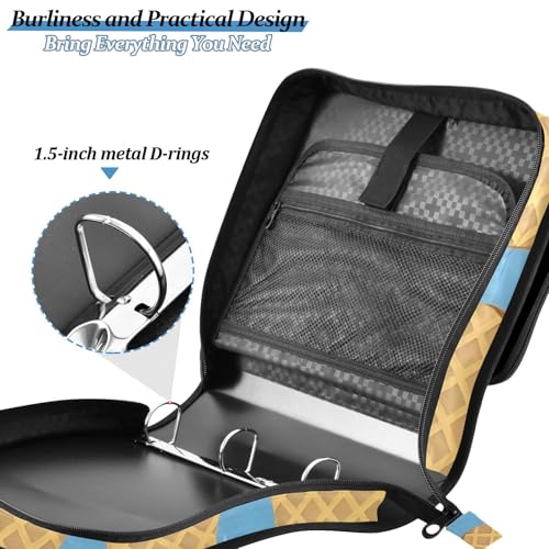 Image of 3 Ring Zipper Binder with Shoulder Strap Blue Ice Cream 1.5 inch Binders Keeper Large Capacity Multi Pockets for School Office Supplies
