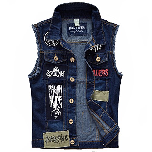 Mens Jeans Vest Patch Designs Ripped Frayed Denim Waistcoat