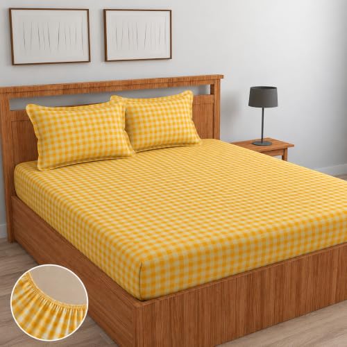 Image of la'amour 100% Cotton Elastic Fitted Bedsheets with 2 King Size Pillow Covers Double Bed with All Around Elastic Supersoft Size - 72 King Sizex78+10 inches Yellow White Checks 200 tc - 220 tc