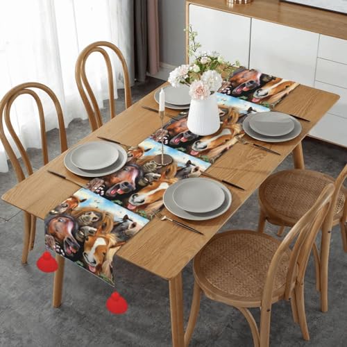 Nappe pour cuisine et salle à manger avec chemin de table en lin imprimé chevaux lavable - 2