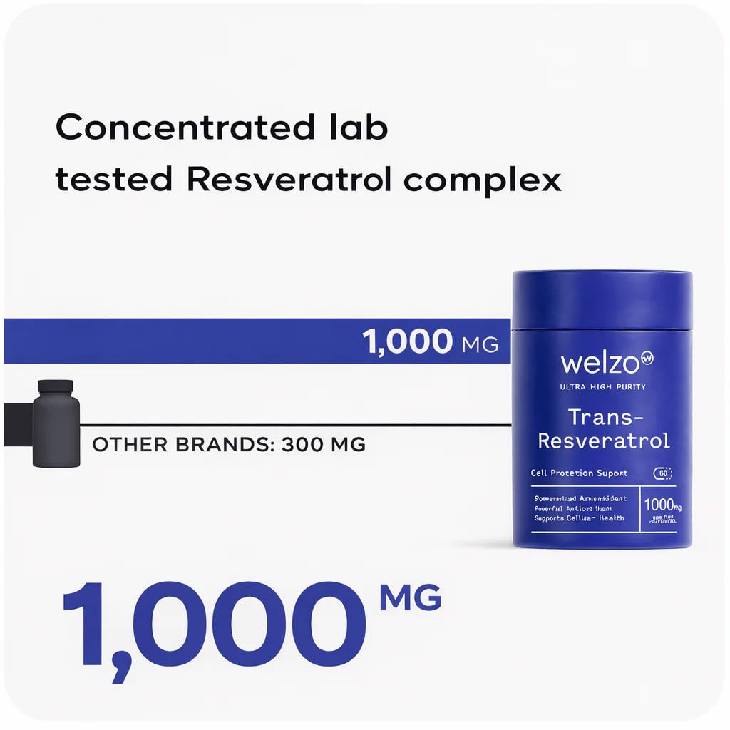 Welzo Ultra-Hochreines Trans-Resveratrol 1000mg Kapseln | 98% Standardisierter Japanischer Staudenknöterich-Extrakt | Vegetarische Kapseln | 60 Stück