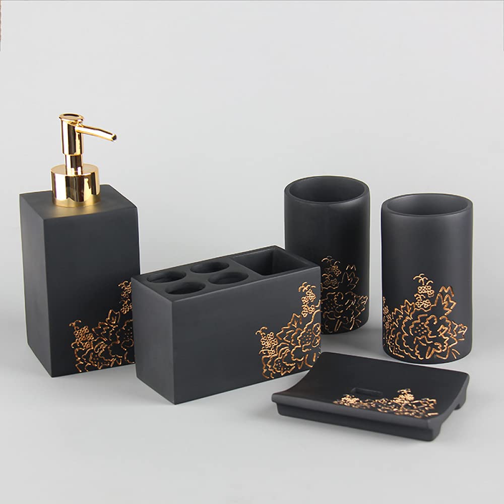 BERTY·PUYI Accesorios De Baño De Resina (Juego De 6) - Elegante Juego De Baño De Resina con Jabonera, Dispensador De Loción, 2 Vasos, Soporte para Cepillo De Dientes, Bandeja