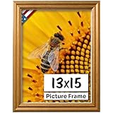 US Art Honey Gold 13x15 Picture Frame .75' Inch Wide - Gold Wall Decor Handmade Solid Wood Frames with Preinstalled Hangers and UV Blocking Plexiglass 15x13 Frame