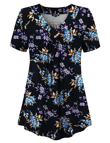 FOLUNSI Plus Size Floral Blouse – V-Neck Short Sleeve Tunic Top | Flowy & Comfortable In Black Large
