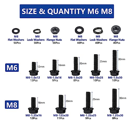 Jrouth 360 Pcs M6-1.0 M8-1.25 Flange Hex Head Bolts Nuts Flat Lock Washers, Class 10.9 Alloy Steel Black Zinc Plated Metric Flanged Hex Screws, M6 X 12-30Mm And M8 X 16-30Mm Fully Threaded #TOP1