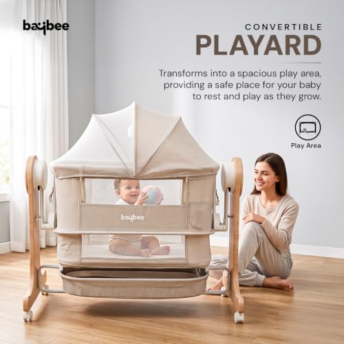 Image of BAYBEE 3-in-1 Electric Wooden Cradle for Newborn Baby | Baby Bassinet, Cribs & Cots with 5 Speed Automatic Swing & 3 Height Adjustable | Bedside Crib for Baby with Remote, Touch Panel, Music & Storage