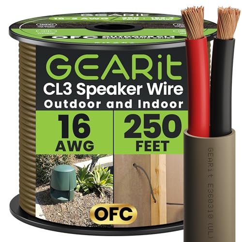 GEARit Outdoor Speaker Wire CL3 Rated, 16 Gauge Speaker Wire, Speaker Cable 250 ft for Outdoor Speakers, Patio, Garden, Backyard Audio, Direct Burial in Ground/in Wall, OFC (Brown, 2-Conductors)