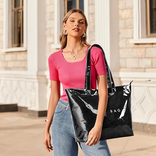 Image of KALIDI PVC Zipper Tote Bag, Jelly Kraft Paper Beach Bag Large Hobo Carry All Travel Shopping Handbag Plastic Shoulder Bag