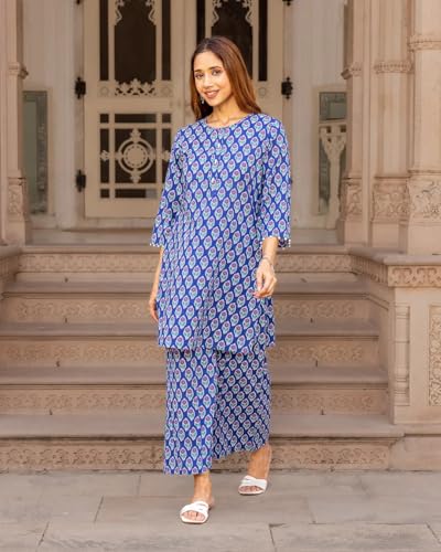 Image of LookMark Women Viscose Rayon Floral Printed Stitched Kurta with Pant | Blue Color Kurta Set | Kurta with Pant Set for Woman | Printed Kurta Set
