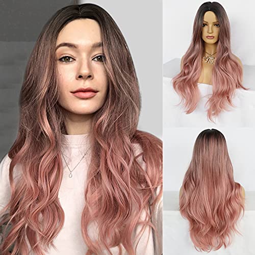 Ebingoo Pink Ombre Wig Soft Pink Wig Long Wavy Brown Ombre Pink Wig Dark Pink Wavy Wig Ombre Wig with Middle Part for Women Cosplay Party Beauty