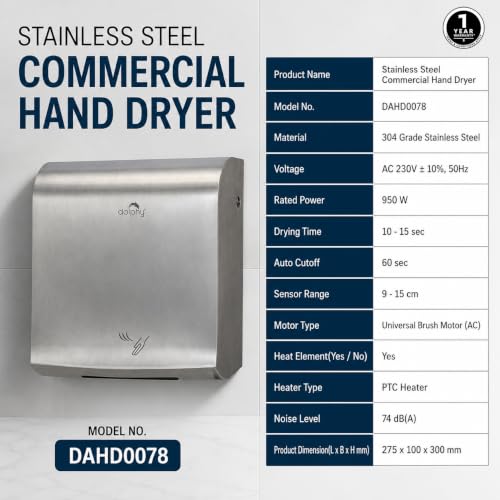 Image of Dolphy 304 Stainless Steel Commercial Hand Dryer | Smart Power-Saving |Touchless Automatic Hand Dryer for Bathroom | 950 W (Hot & Cold)