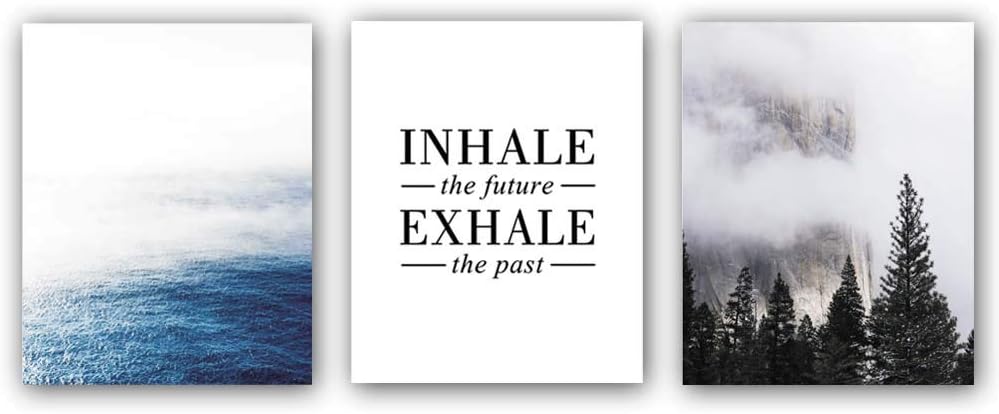 Abstract Scenery Mountain&Sea Forest Landscape， INHALE the future EXHALE the past Quote Lettering Inspirational Wall Art Pieces，3 Piece 8x10 Canvas Poster Picture,Modern Natural Mural Print For Office