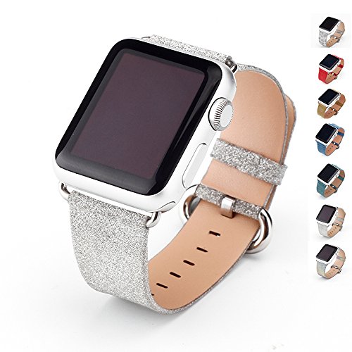 MIFFO Apple Watch Band Leather iWatch Strap Extreme Deluxe Shiny Bling Glitter Leather Bracelet Wristband for Apple Watch Series 1, Series 2, Series 3 (Silver-38mm)