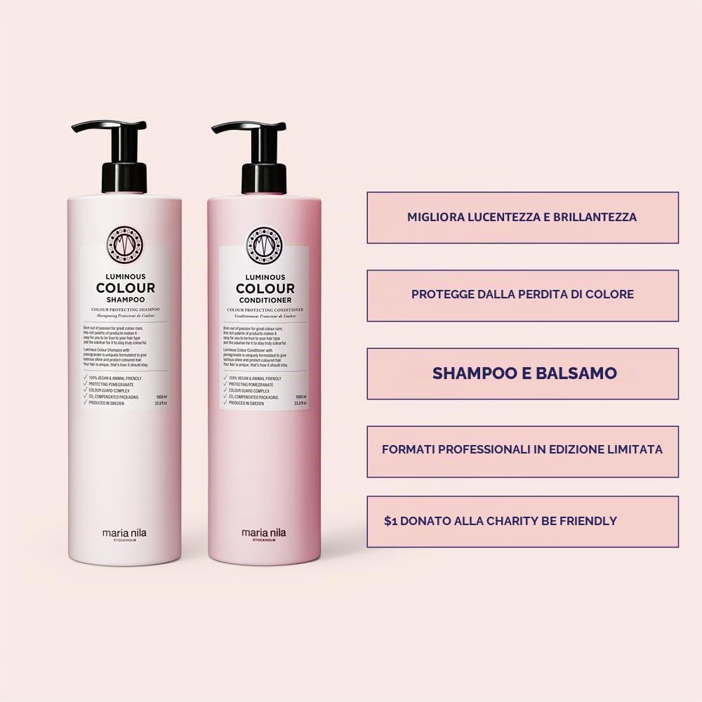 Maria Nila Luminous Colour, Shampoo e Balsamo Protettivi, 2 x 500 ml | Melograno e Colour Guard Complex preservano colore e brillantezza. Per capelli naturali o colorati